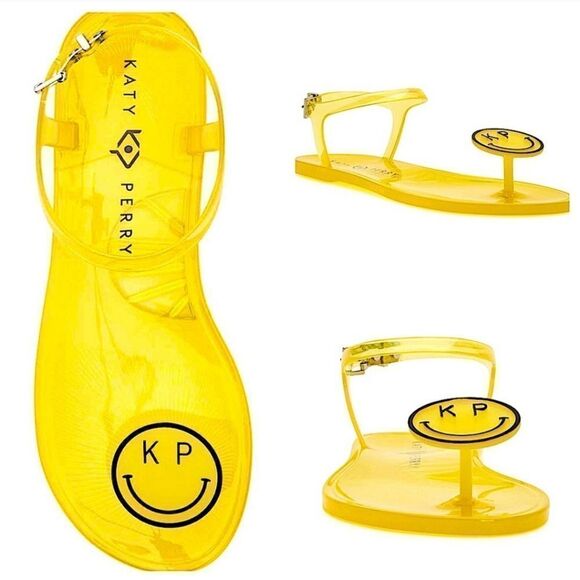 New Katy Perry Women's The Geli Flat Sandal size smile face yellow buckle size 6 - Picture 1 of 10